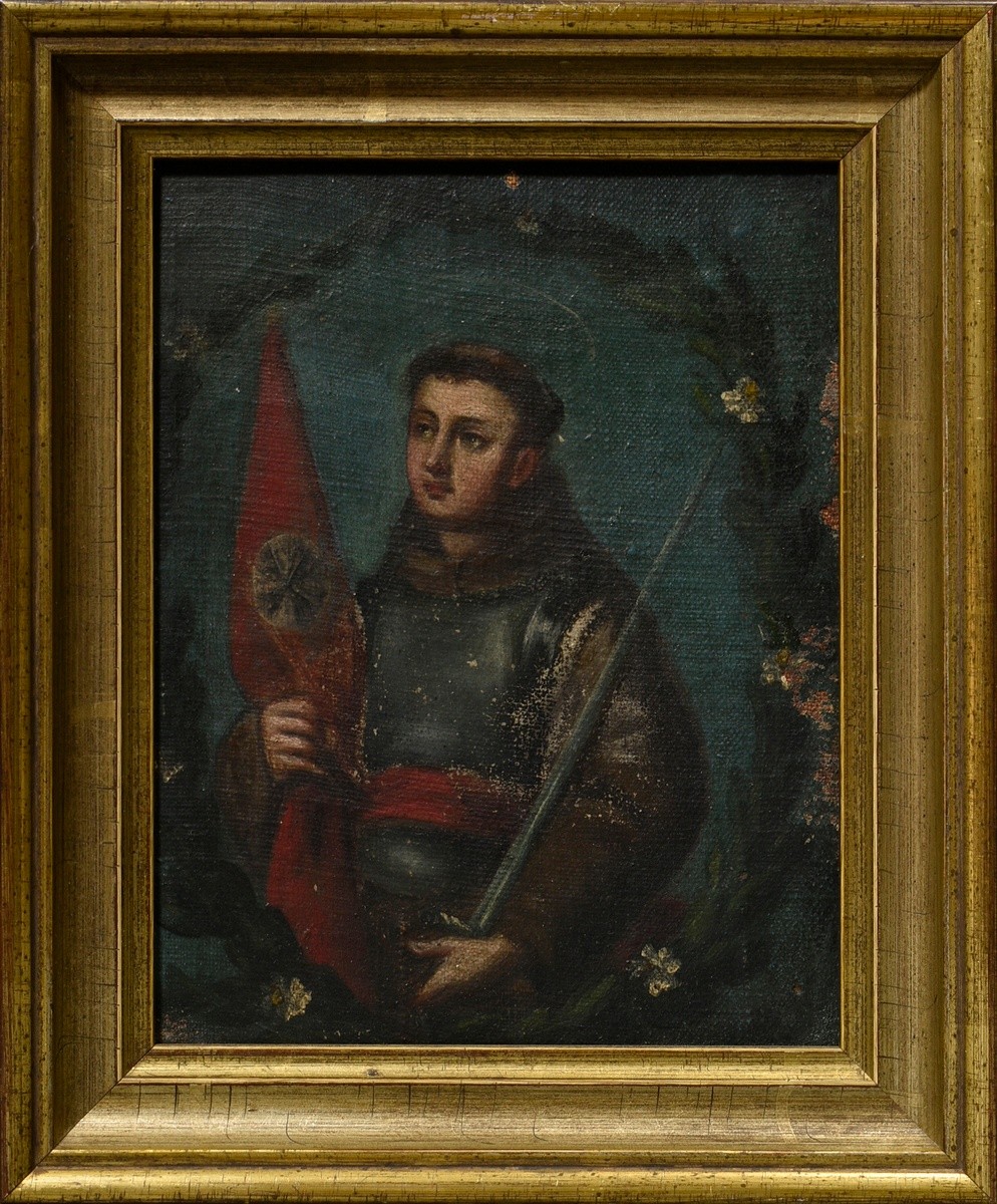 4 Small South American paintings of saints "Saint Anthony, Saint Bernadino of Sienna, Saint Thomas  - Image 7 of 10