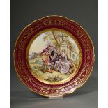 Plate with polychrome painting and rich gold relief " Gallant scene in park", Dresden mark, impress