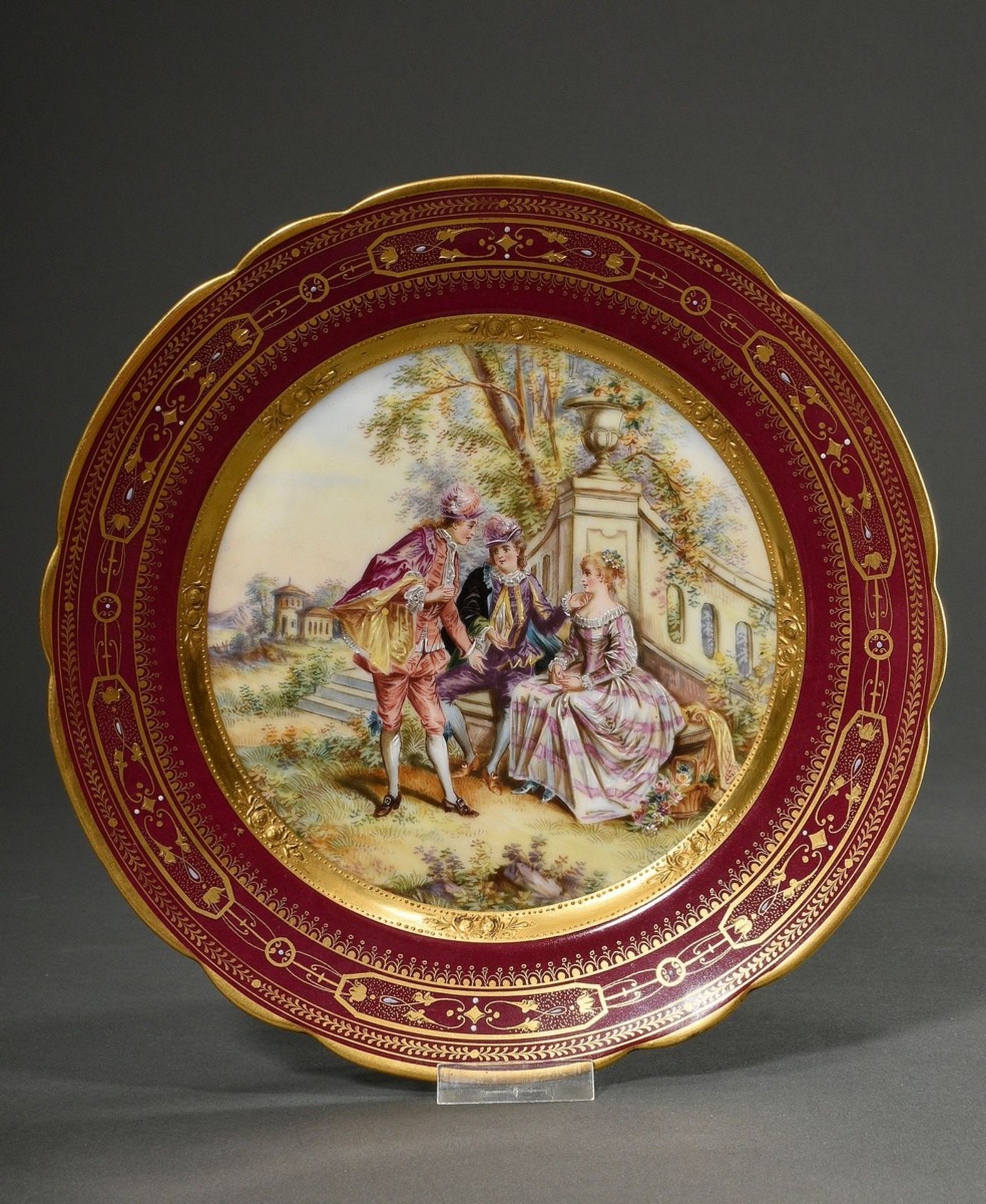 Plate with polychrome painting and rich gold relief " Gallant scene in park", Dresden mark, impress