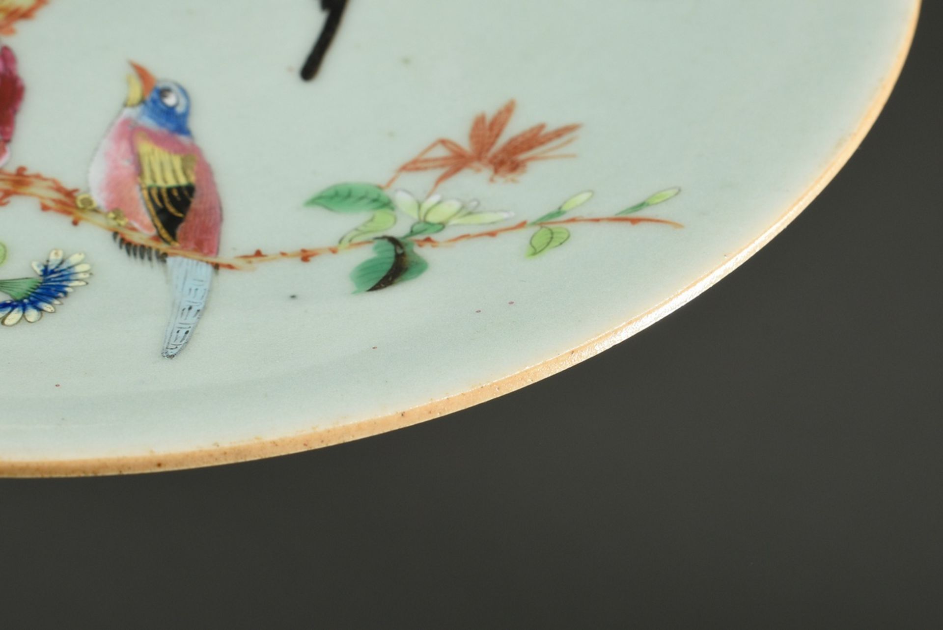 Pair of porcelain plates with polychrome enamel painting "Birds and Butterflies" on a delicate cela - Image 7 of 8