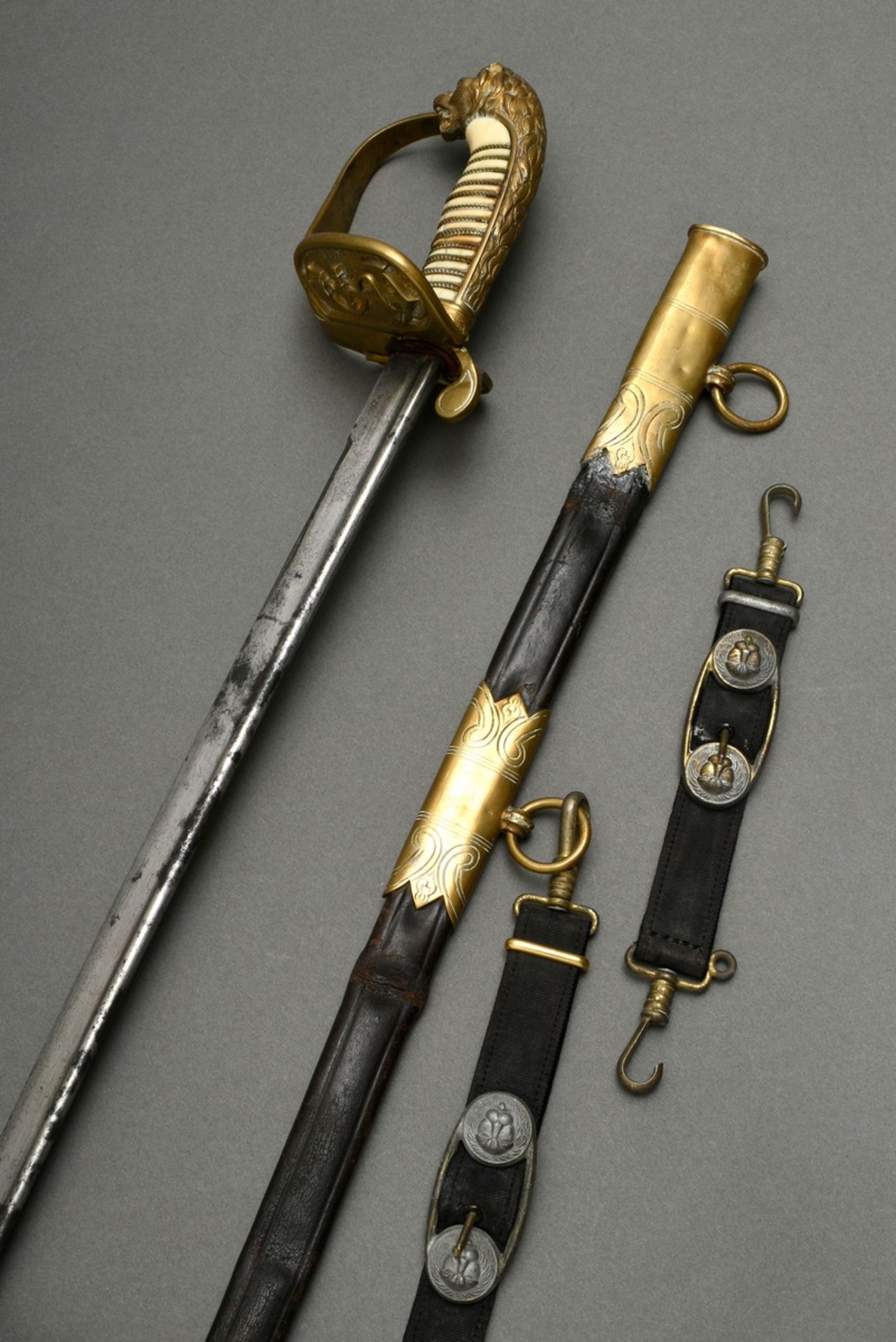 Prussian lion head sabre for the navy, bright damascus blade, maker's mark "W.K.&C." and two marks, - Image 9 of 17