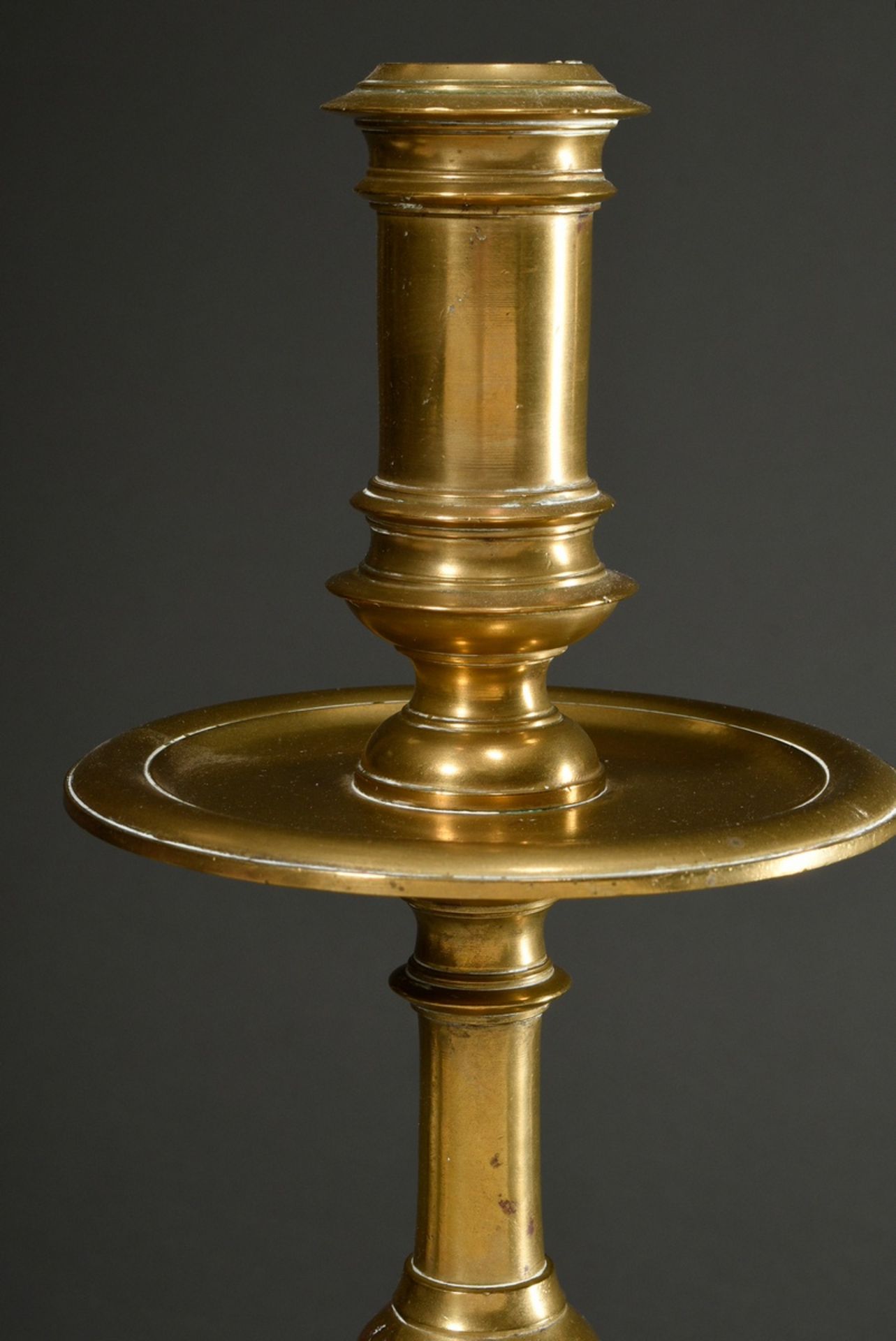 Pair of large yellow cast iron Heemskerk candlesticks with baluster stem and wide drip pans on a ra - Image 2 of 6
