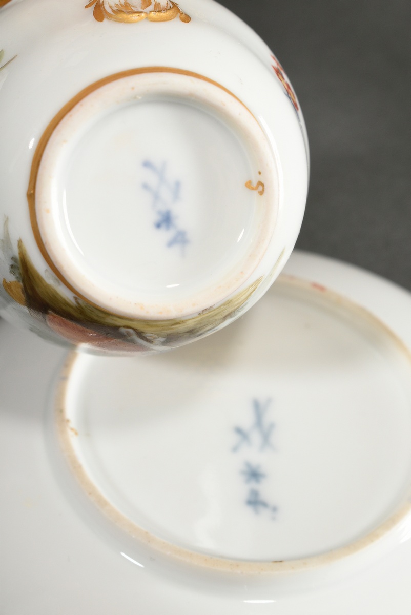 2 Various Meissen cups: 1 Marcolini teacup/ saucer with angular handle and grisaille painting with  - Image 6 of 8