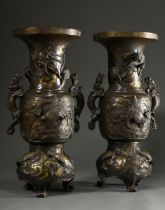 Paar große Bronze Vasen mit plastischen Drachen Henkeln und Reliefkartuschen mit Phönix- und Drache