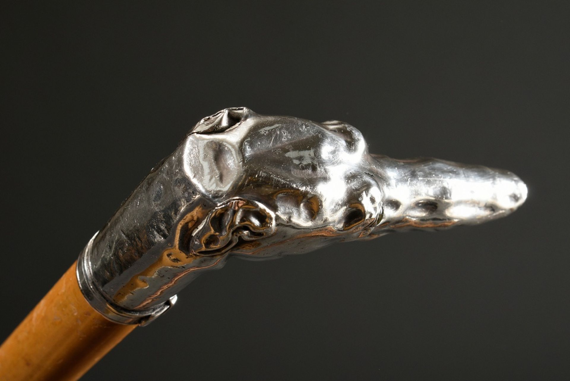 Walking stick with sculptural crutch ‘greyhound head’, silver with glass eyes, palm cane weft, appr - Image 4 of 6