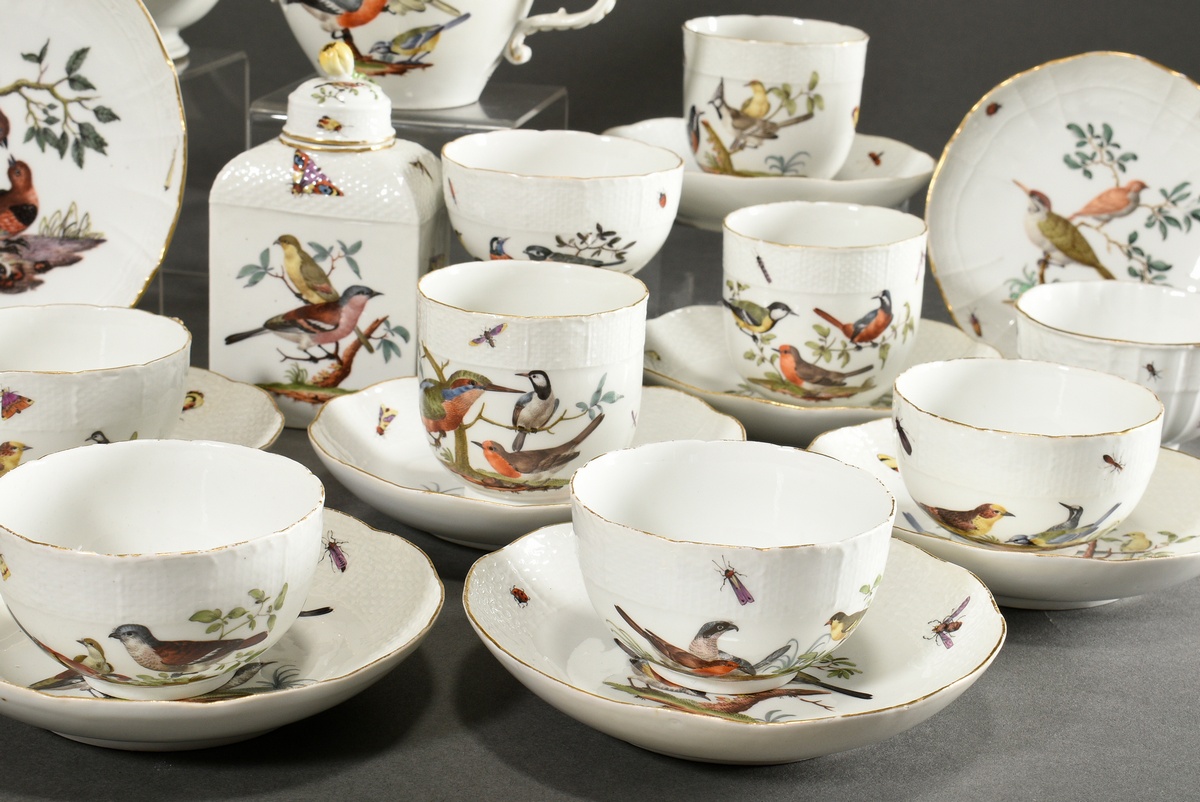 21 Pieces Meissen service with polychrome "Bird and Insects" painting on Ozier relief, c. 1750, con - Image 4 of 27