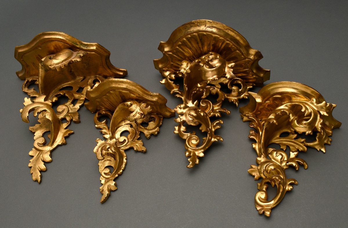 4 Various gilded wall consoles, Florence approx. 1900/1920, carved wood, h. 22-29cm, 1x rest.