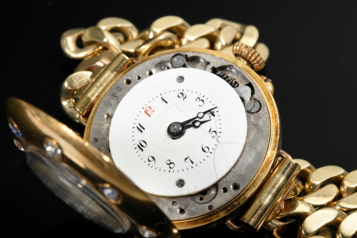 Red gold 750 wristwatch, white enamel dial with Arabic numerals and line indices, bezel with sapphi - Image 3 of 4