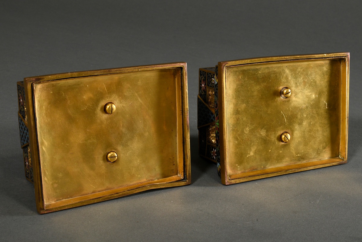 Pair of fire-gilt bronze Fo lions on angular cloisonné pedestals with polychrome borders and graphi - Image 4 of 9