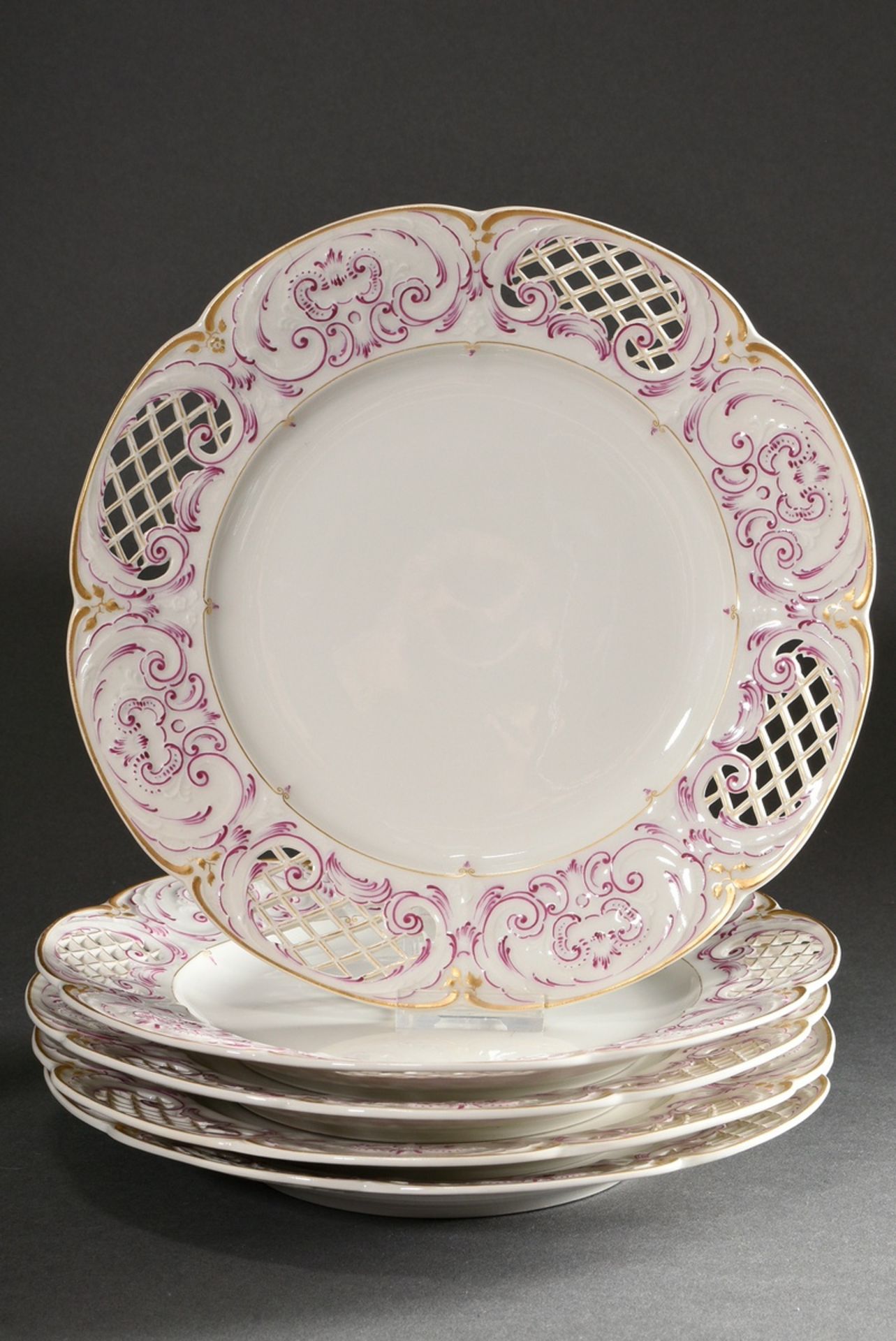 69 Pieces KPM dinner service in Rococo form with purple and gold staffage, red imperial orb mark, c - Image 21 of 22