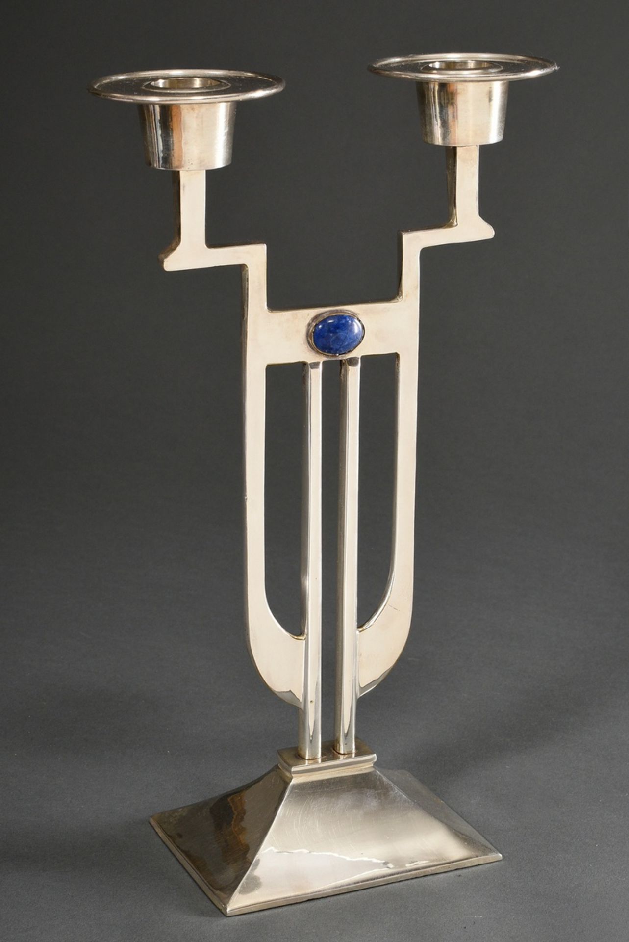 Silver-plated Arts & Crafts girandole in geometric design with lapis lazuli cabochons between the a - Image 2 of 5