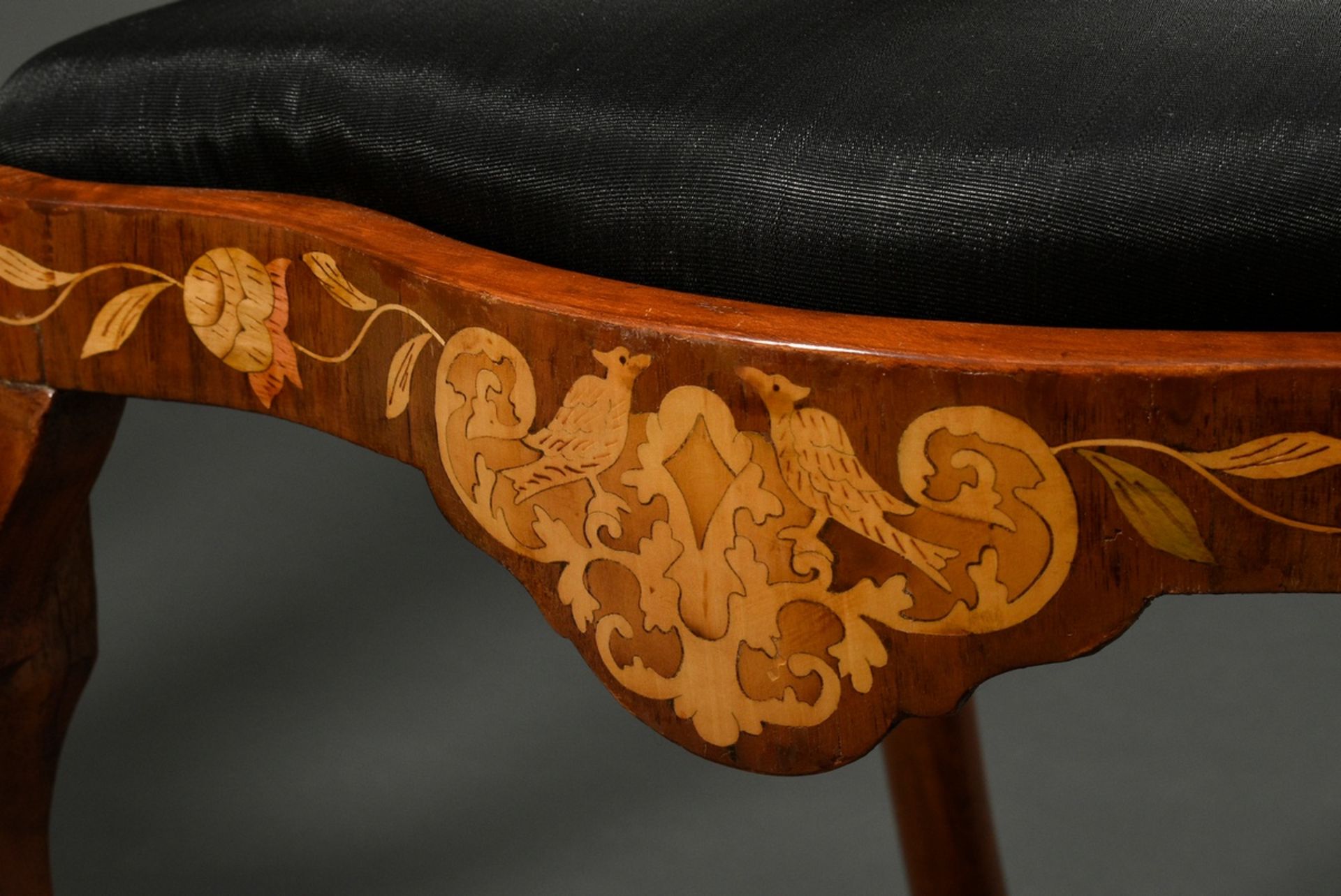 Pair of baroque chairs with elaborately inlaid frames "flower basket and vase with bird" on curved  - Image 5 of 11