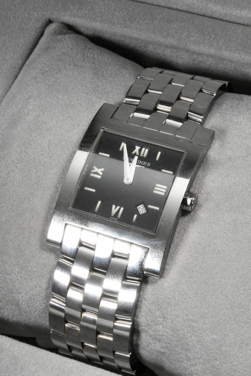 Stainless steel wristwatch Longines Dolce Vita, quartz movement, black dial with Roman numerals, da - Image 7 of 8