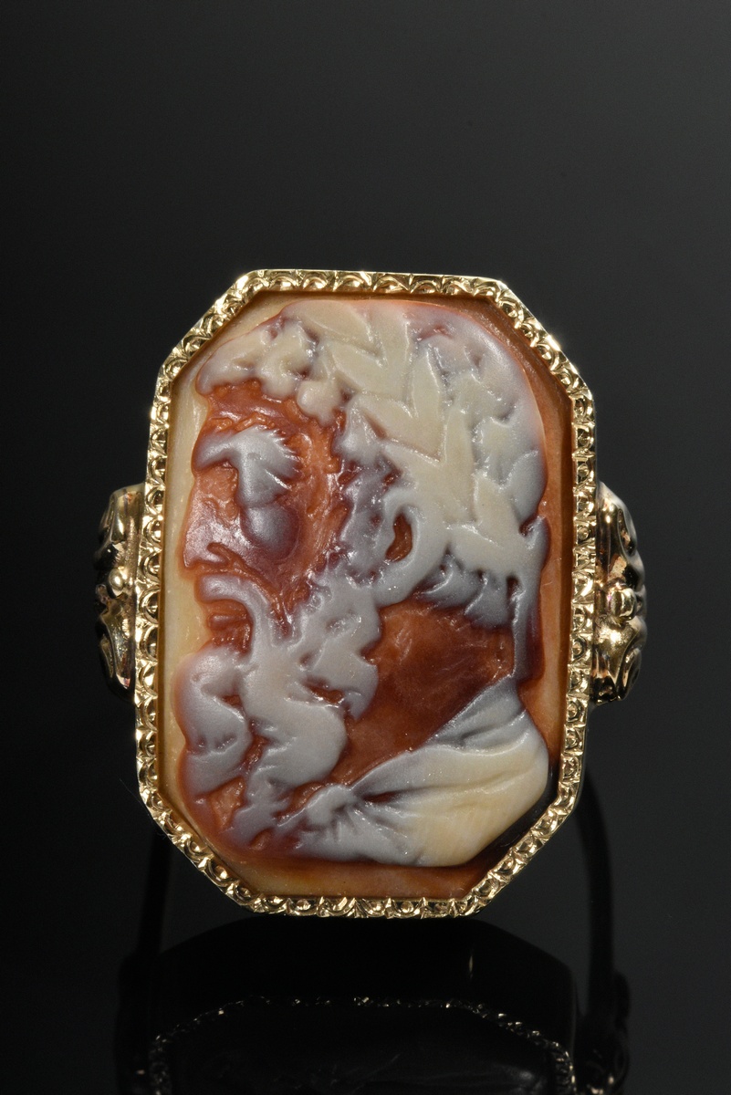 Yellow gold 585 ring with octagonal horn cameo "Bearded Man", late 19th century, 10g, size 61, ring - Image 2 of 3