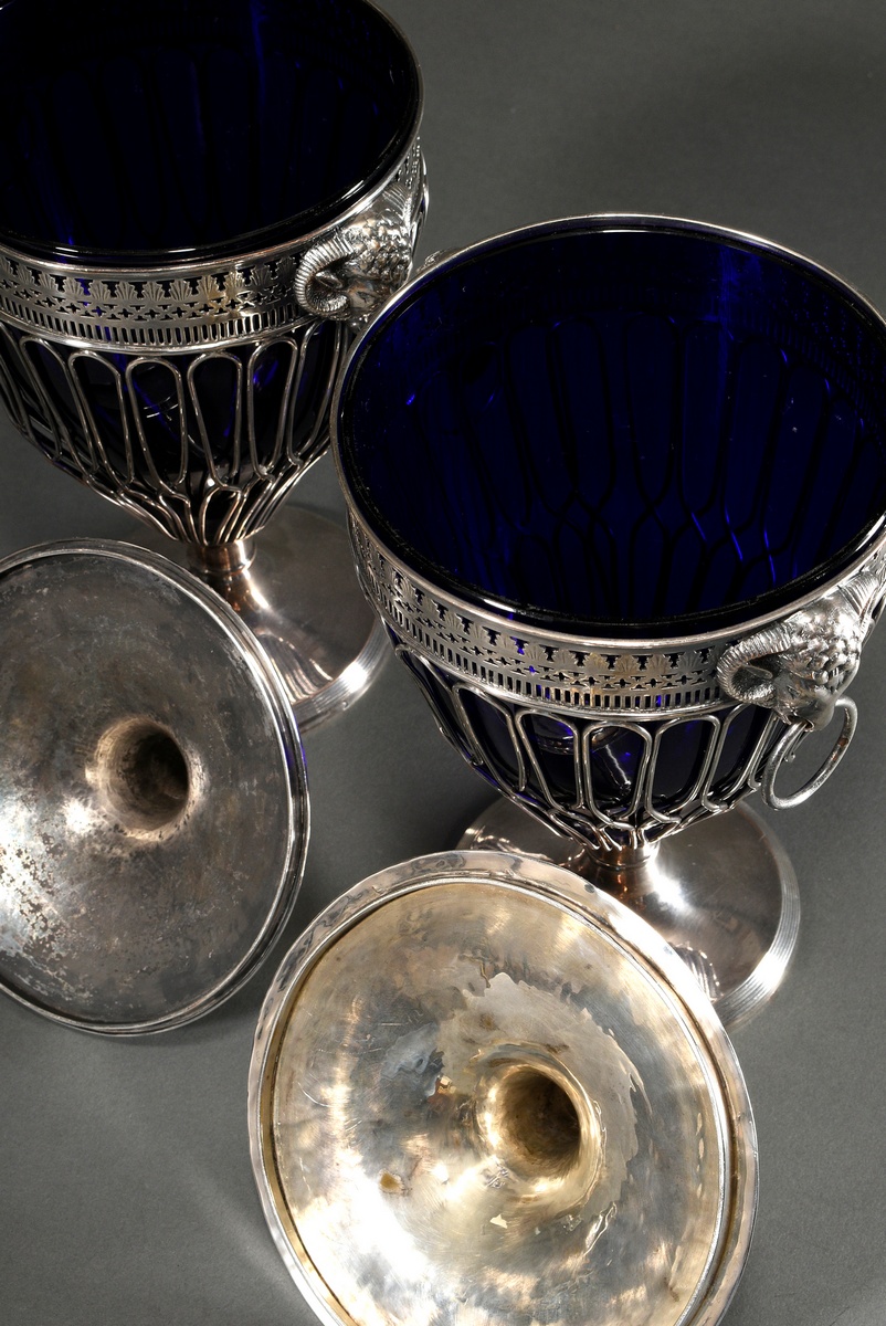 A pair of large silver-plated lidded vases with lattice bodies and sculptural trestle heads and blu - Image 5 of 8
