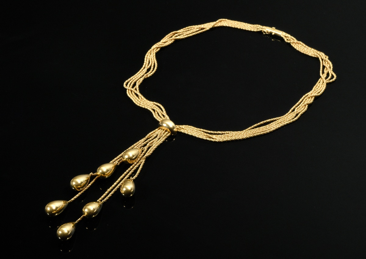 Midcentury yellow gold 750 necklace with 7 drop pendants on chains of different lengths on a 5-stra - Image 2 of 5