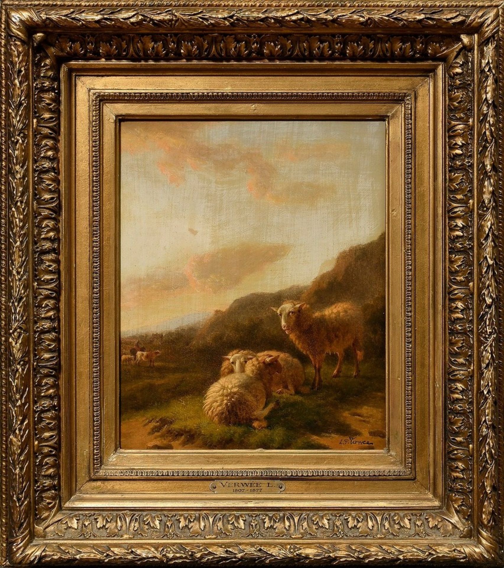 Verwée, Louis Pierre (1838-1895) "Schafe in hügeliger Landschaft", Öl/Holz, u.r. sign., Prunkrahmen - Bild 2 aus 6