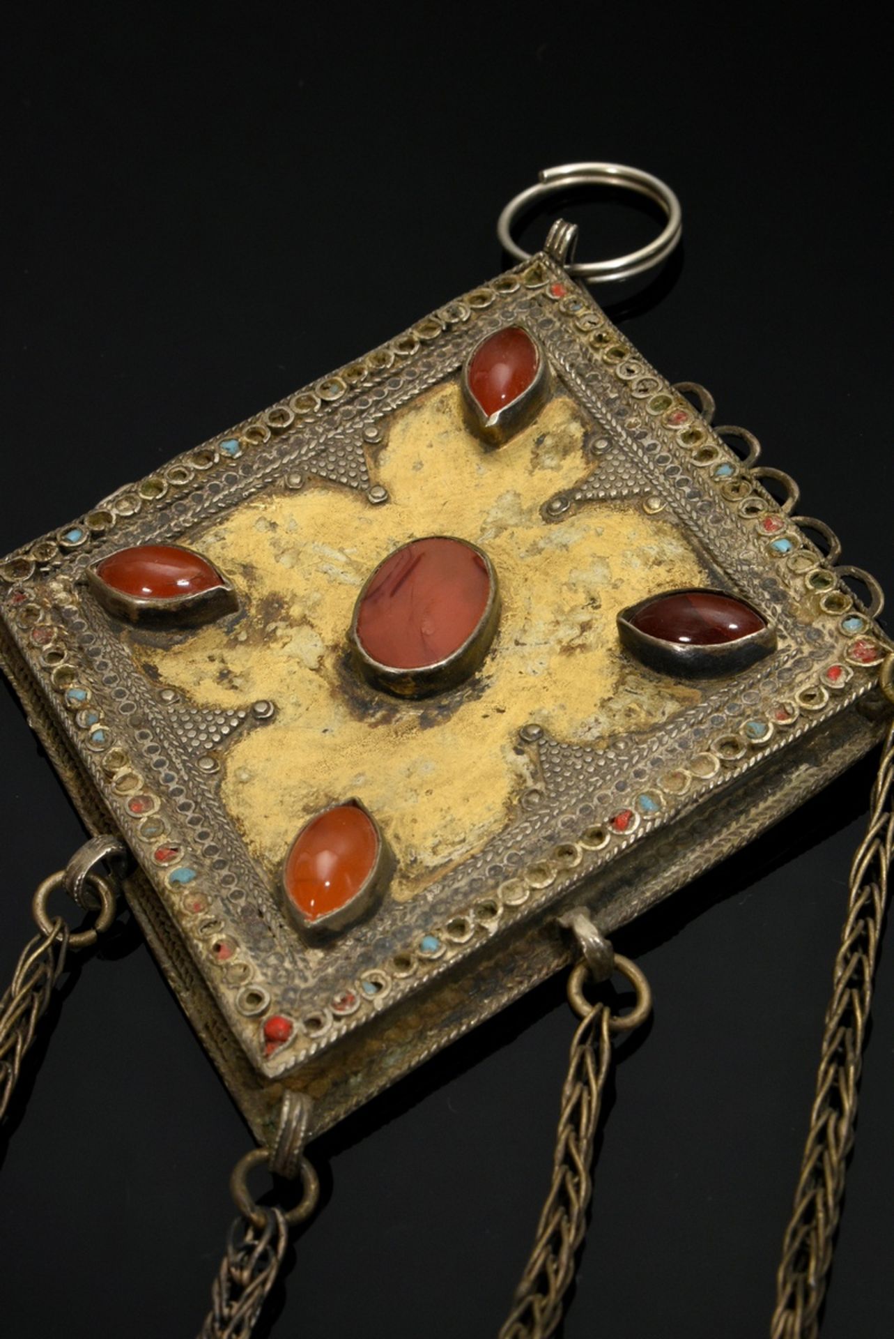 3 Yomud Turkmen amulets with bell pendants: 2 boys' amulets for hunting "Ok Yay" and a trapezoid pe - Image 4 of 8