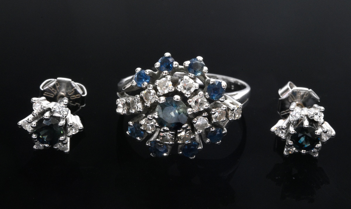 3 pieces of white gold 585 jewellery with sapphires and diamonds, circa 1970: pair of flower stud e - Image 3 of 5
