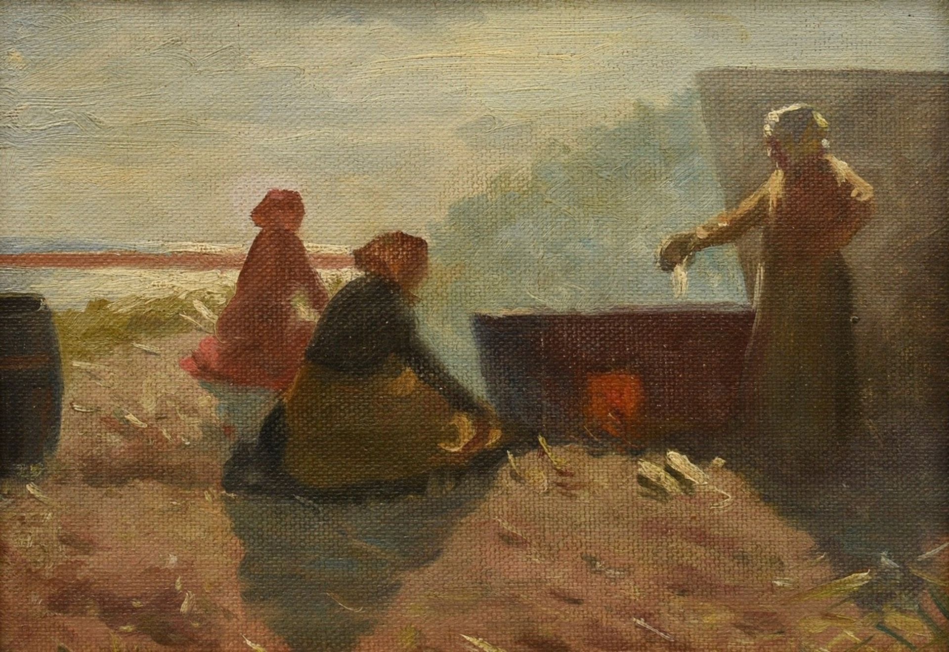 Tuxen, Laurits (1853-1927) attr. "Cooking with wood at Harboøre" (Trenkogning af Harboøre), oil/can