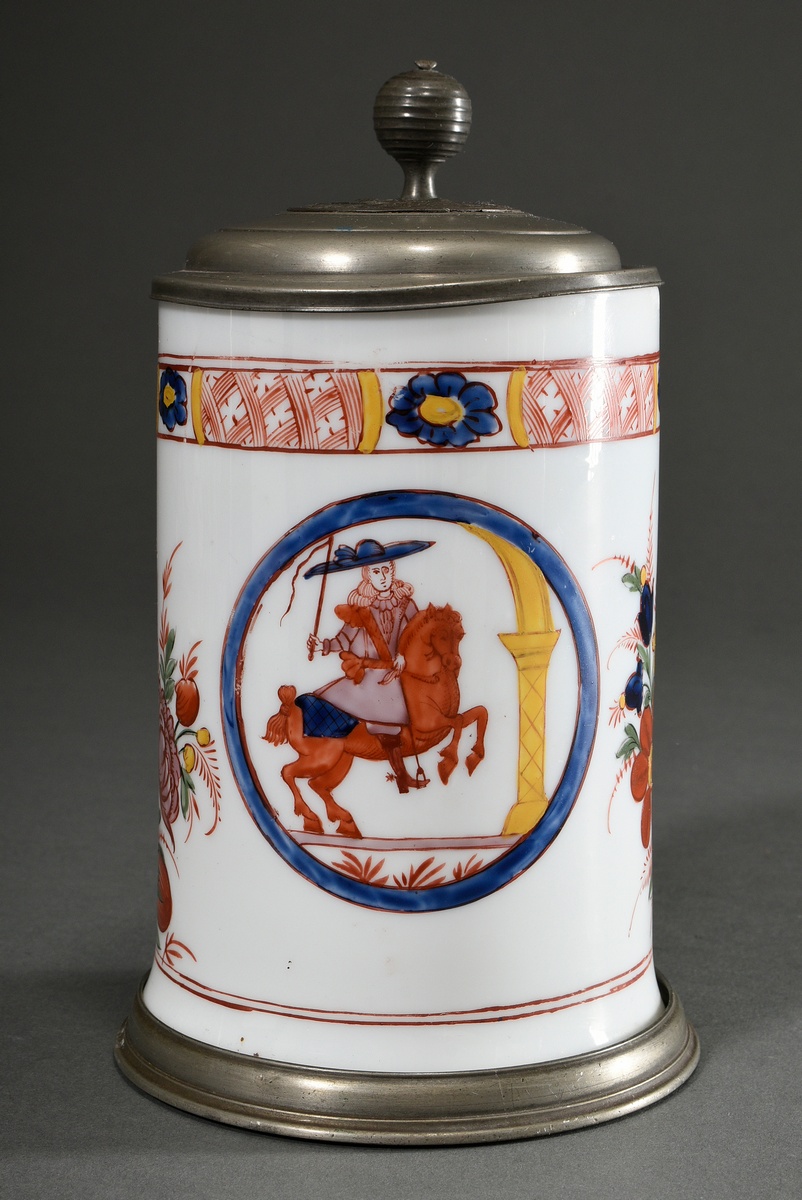 Baroque bone glass cylindrical jug with polychrome floral painting in enamel colours and medallion  - Image 2 of 7