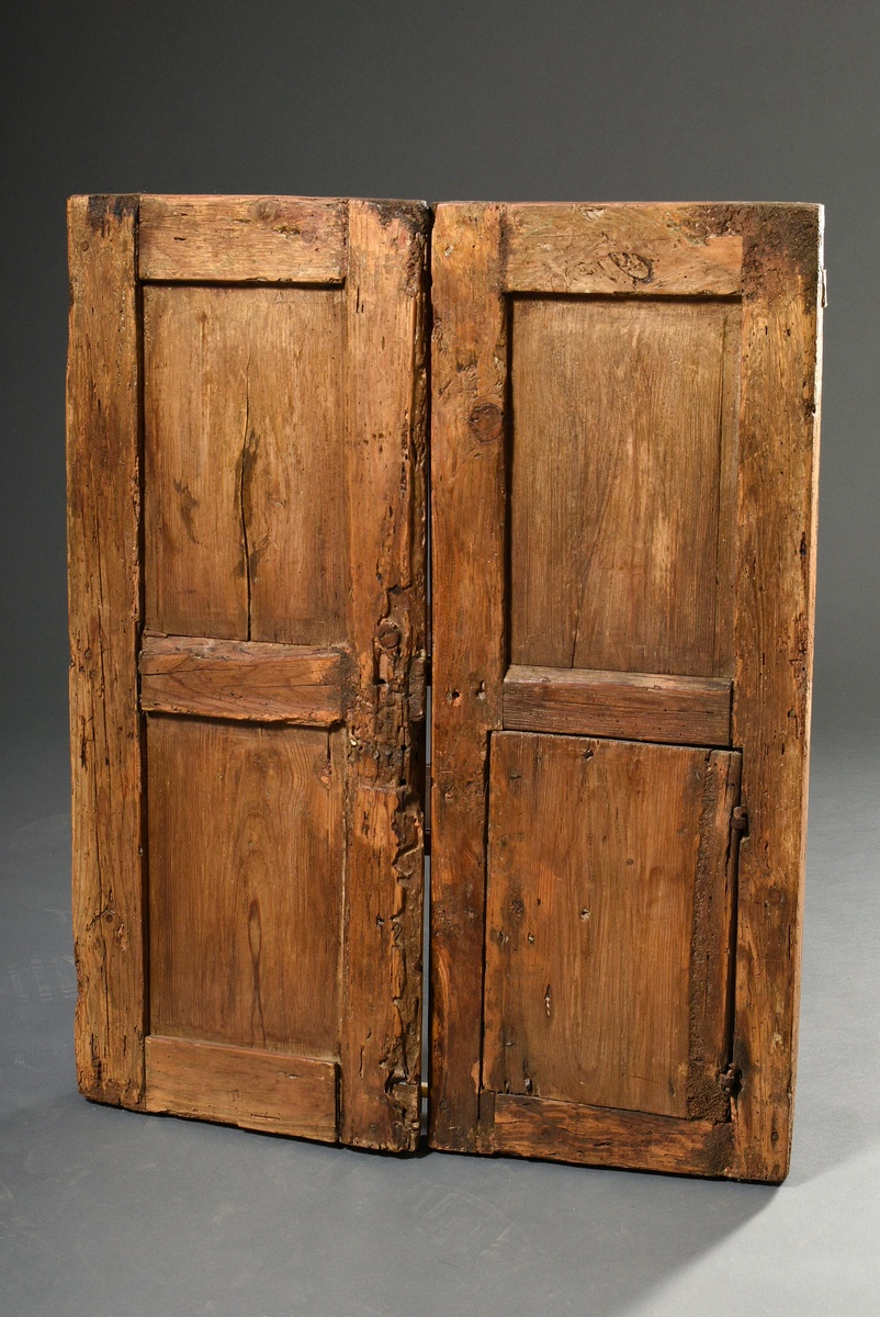 2 oak doors with folded panels, relief carvings in Gothic style in the infills, softwood, brass dro - Image 2 of 9