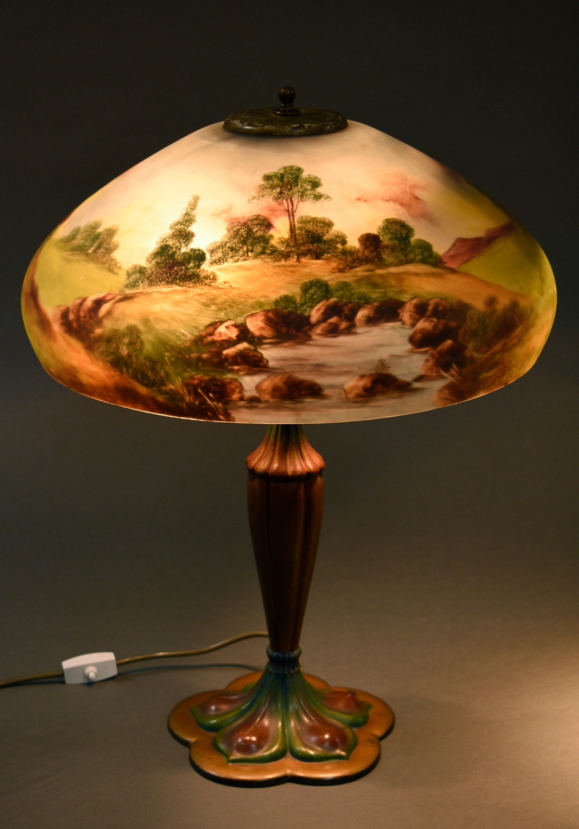 Art Nouveau table lamp with coloured cast zinc base and frosted glass shade painted on the inside " - Image 5 of 7