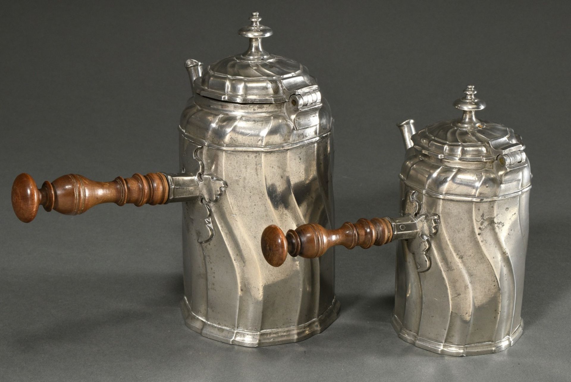 2 various pewter chocolateries with conical body, curved features and wooden handles on the sides,  - Image 2 of 6