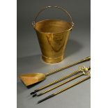 4 Various pieces of brass fireplaceware, c. 1900, consisting of: Conical bucket with handle and 3 p
