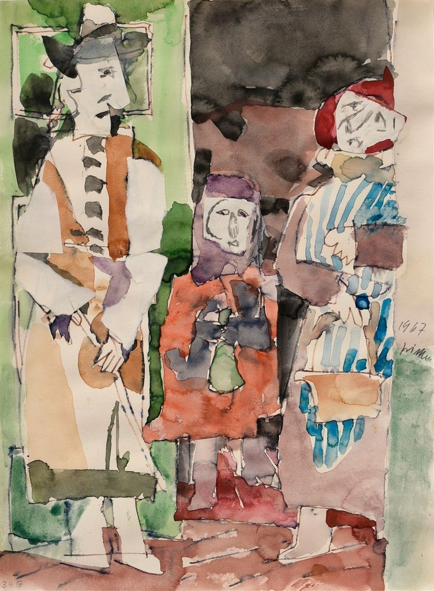 Grimm, Wilhelm (1904-1986) 'Three in the door' 1967, watercolour/pencil/collage, m.r. sign./dat., i