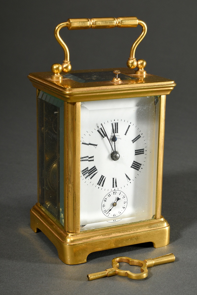 French travel alarm clock in all-round facet glassed and gilded brass case, enamelled dial with Rom - Image 2 of 7
