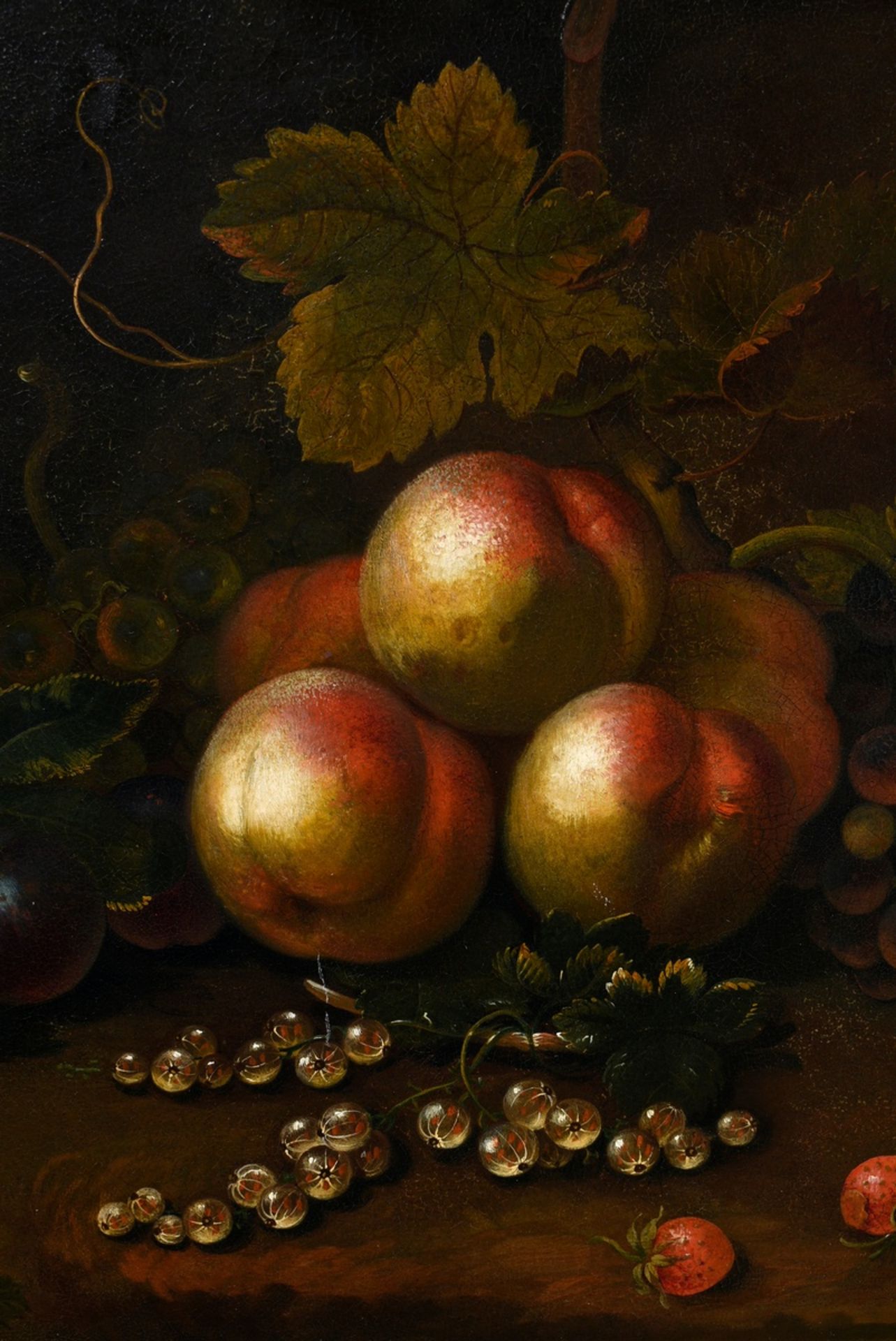 Unbekannter Künstler um 1800 „Obststillleben“, Öl/Metall, 35x50,5cm (m.R. 52,5x67cm), leichtes Craq - Bild 4 aus 6