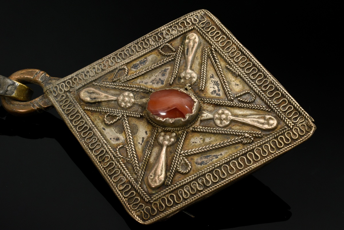 Saryk Turkmen belt buckle with richly soldered wire loops, bands and central carnelians on diamond- - Image 3 of 8