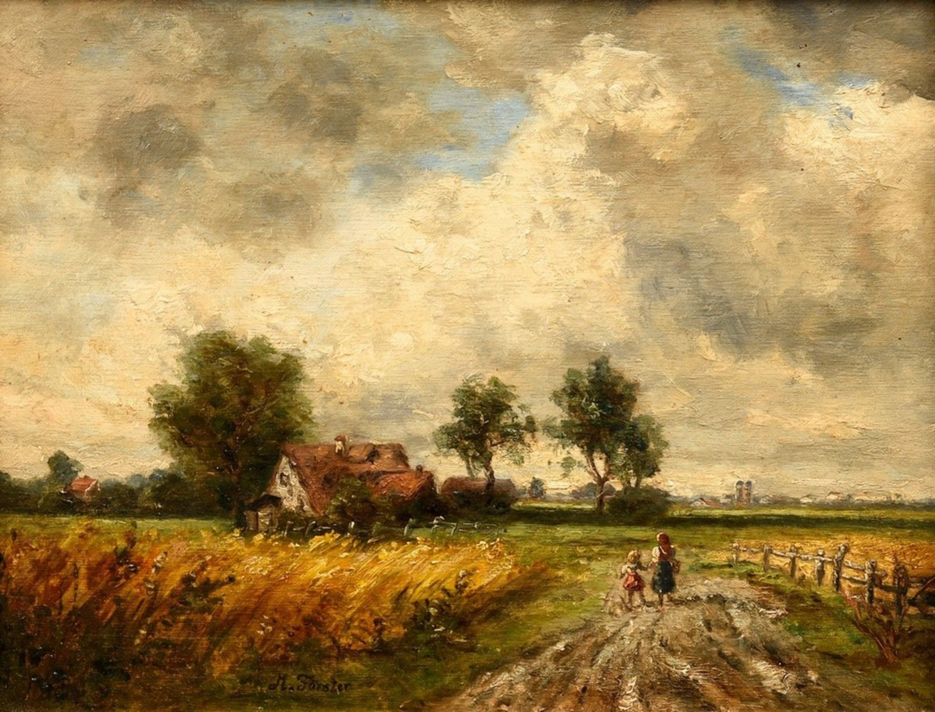 Förster, M. (Maler des frühen 20.Jh.) "Landschaft mit Gehöft", Öl/Holz, u. sign., 21,5x28cm (m.R. 3