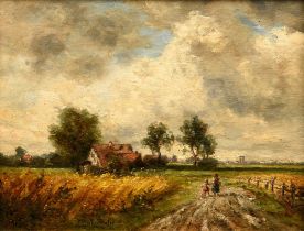 Förster, M. (painter of the early 20th century) "Landschaft mit Gehöft", oil/wood, signed a., 21,5x