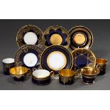 6 Various moch cups/saucers with different ornamental and floral gold decorations as well as turquo