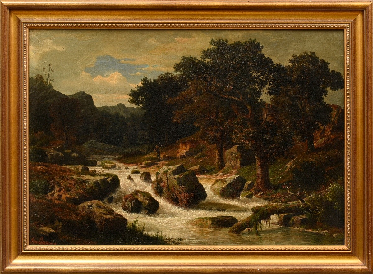 Jansen, Johann Joseph (1829-1905) "Fisherman at the rapids" 1855, oil/canvas, sign./dat. lower righ - Image 2 of 4