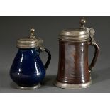 2 various pieces of rustic stoneware jugs with monochrome glazes, pewter stand rings and lids with 