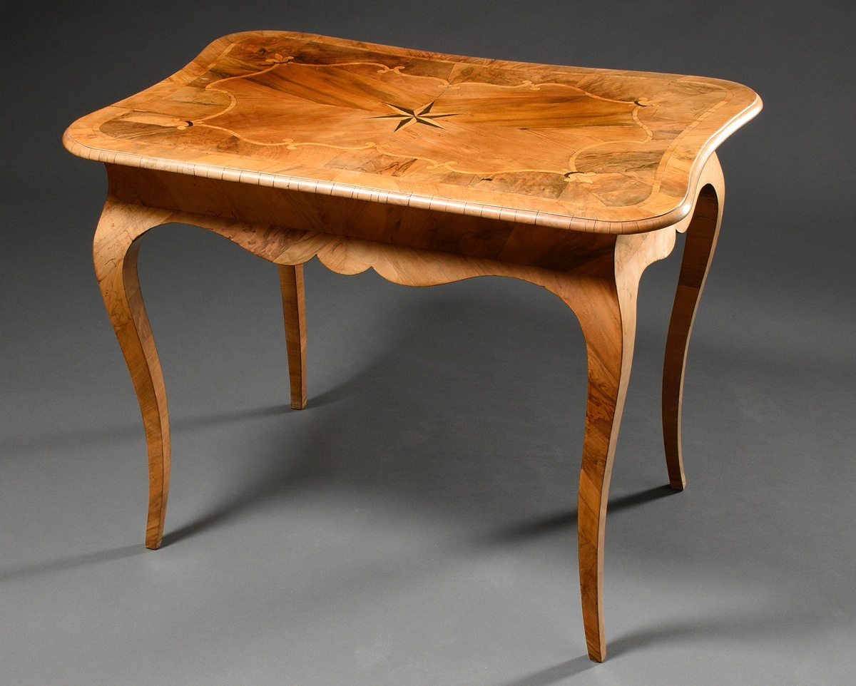 Elegant Baroque ladies desk on curved legs with star inlay on the top and drawer in cambered frame, - Image 2 of 5