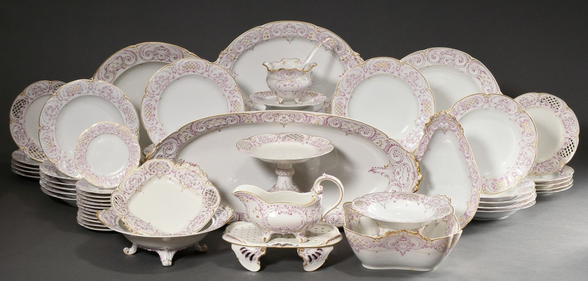 69 Pieces KPM dinner service in Rococo form with purple and gold staffage, red imperial orb mark, c - Image 3 of 22
