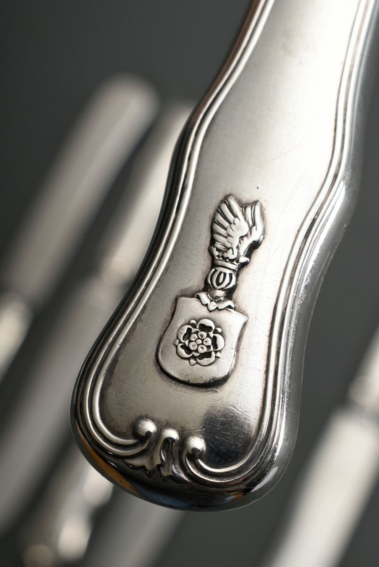 6 large knives with applied coat of arms ‘Rose under winged helmet’ and monogram ‘EJ’ under crown,  - Image 3 of 6