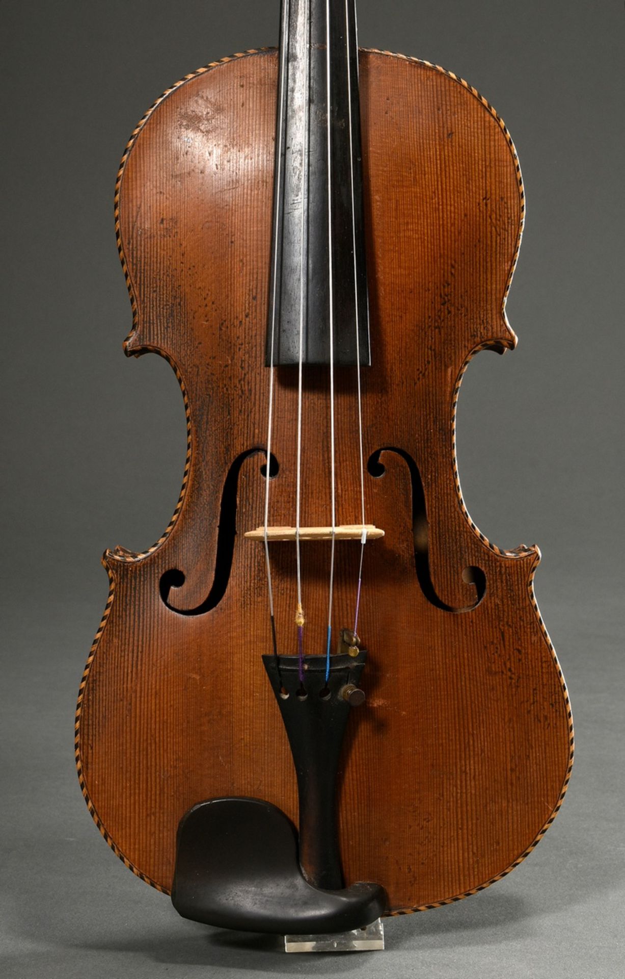 Historicizing violin, German, c. 1900, without label, one-piece back, surrounding checker band, hol - Image 11 of 11