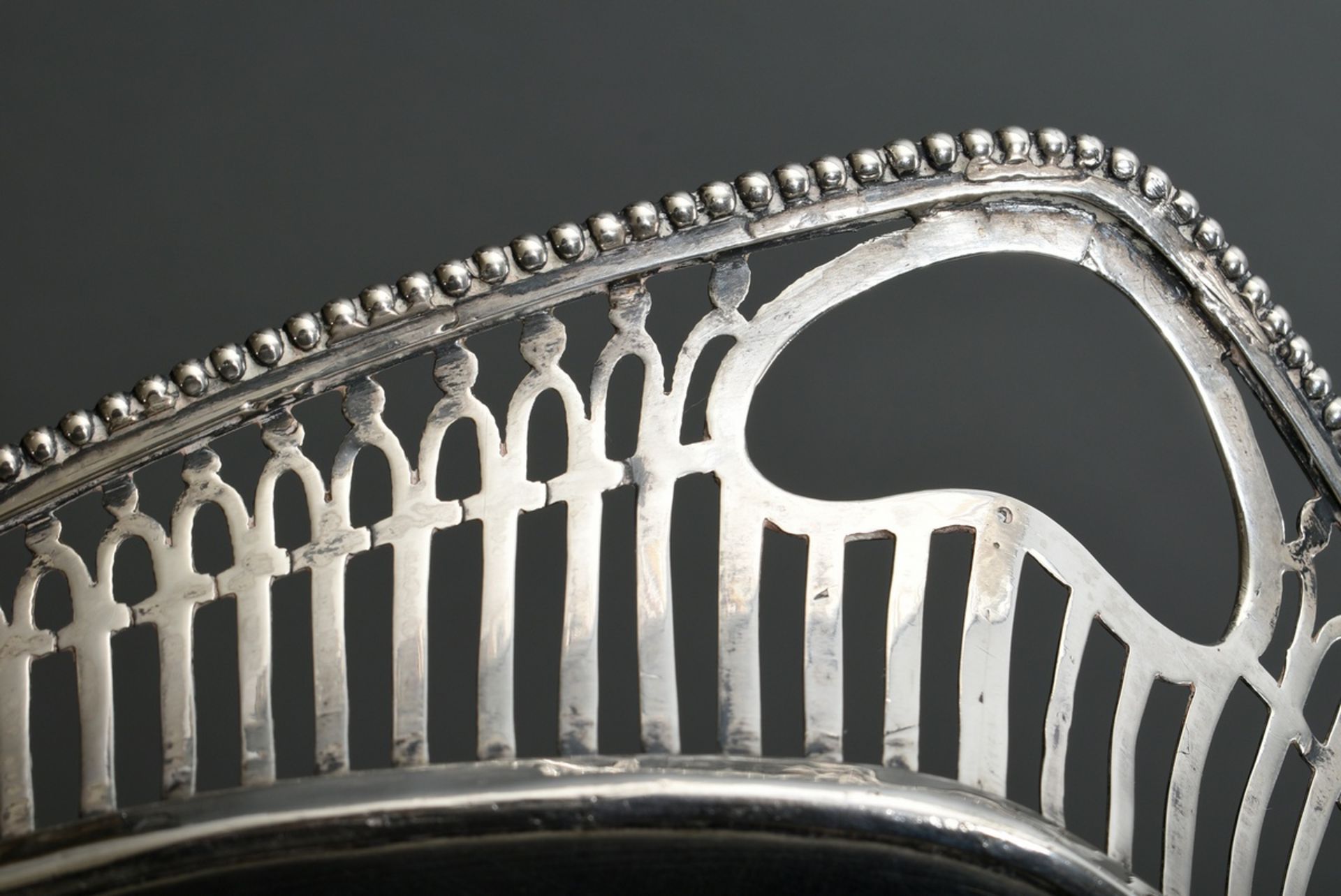 Dutch tray with lattice opening and beaded rim, MM: JdV (?), year mark 1915, silver 833, 1480g, 56x - Image 3 of 5