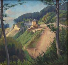 Rühle, Clara (1885-1947) "Albaufstieg am Drachenloch mit Nasenstein und Steinbrecherhaus", Öl/Leinw