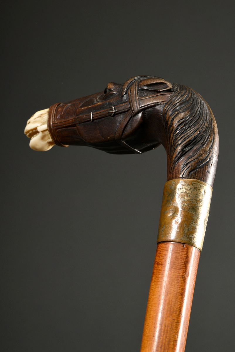 Walking stick with finely carved crutch ‘horse head’, boxwood with glass eyes and ivory mouth, bras - Image 5 of 7