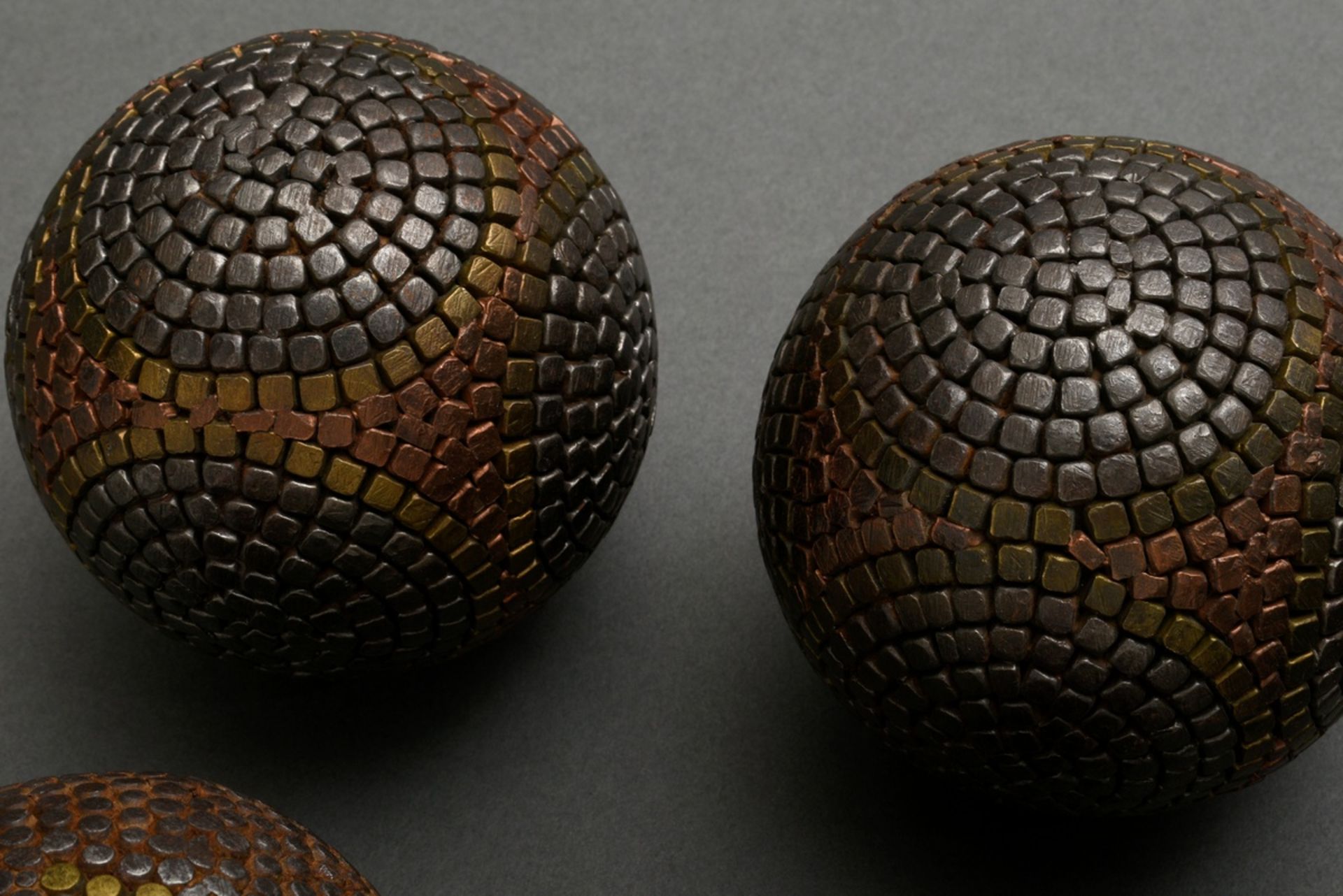 4 various pairs of Boulle balls with decorative iron, brass and copper nails, France around 1900, Ø - Image 5 of 5