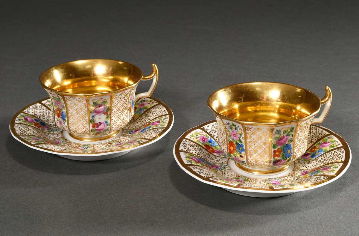 Pair of Biedermeier coffee cups/saucers with rich floral and gold decoration, Krister Porzellan Man - Image 3 of 6