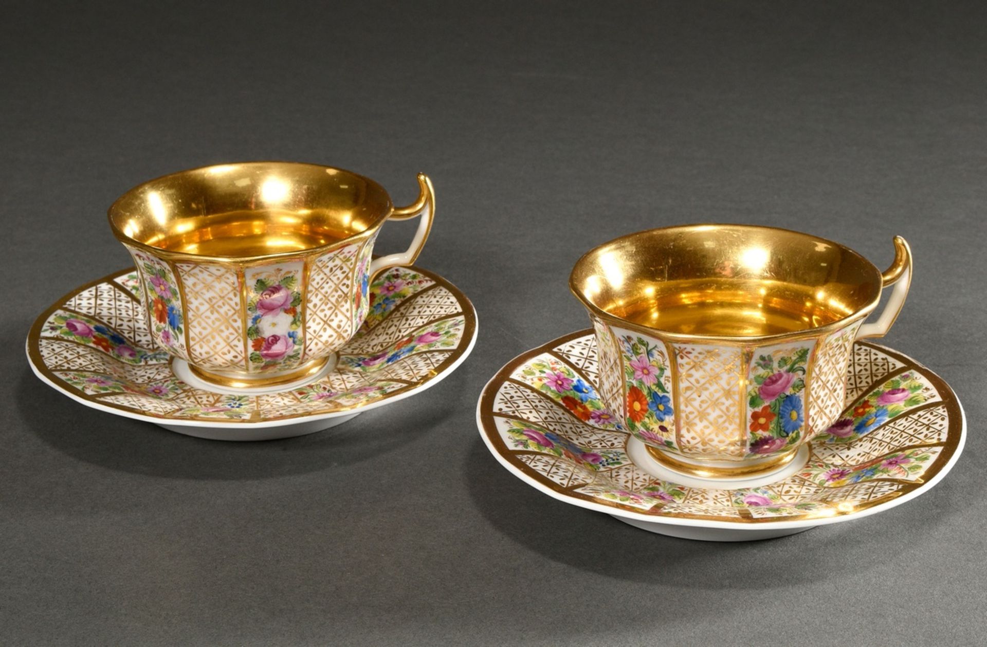 Pair of Biedermeier coffee cups/saucers with rich floral and gold decoration, Krister Porzellan Man - Image 3 of 6