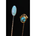 2 Various yellow gold tie pins: 1 yellow gold 625 Art Nouveau pin with turquoise (Ø 11.3mm, 1.5g) a