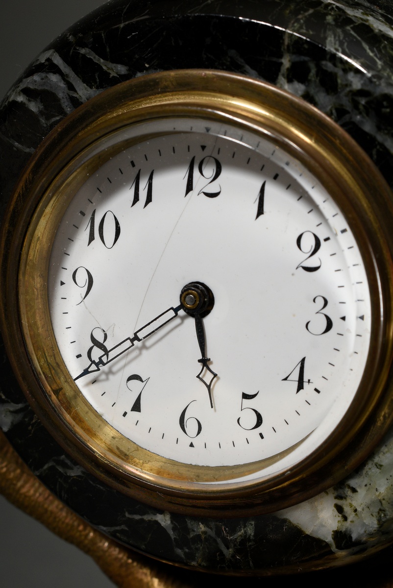 Wilhelminian desk clock with gilded eagle on a green marble pedestal, round marble case with enamel - Image 5 of 5